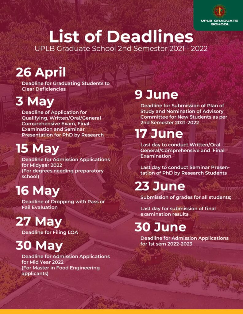 List Of Deadlines (UPLB GS 2nd Semester 2021-2022) – The UPLB Graduate ...